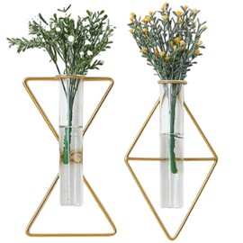 2 Pack yaocoral Nordic Wall Vase Hanging Geometric Gold Flower Vase Wall Mount Metal Frame Vases Hydroponic Glass Bud Vase Decor for Home Wedding Farmhouse …