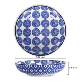 Selamica Porcelain 26 Ounce Pasta Bowls Set of 6, 8 inch Wide and Shallow Salad Bowls, Serving Bowls, Microwave & Dishwasher Safe, Sturdy & Stackable, Vintage Blue