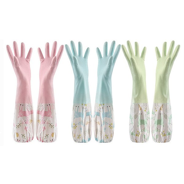 Refoiner Rubber Gloves, Kitchen Long, 3-piece Set, Stylish, Cute, Pattern, Dishwashing Gloves, Cooking Gloves, Work Rubber Gloves, Multi-Purpose, Thick, Waterproof, Cold Protection, Long Sleeve, Car Wash Gloves, Cold Protection, Gardening Gloves, Large, 