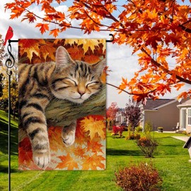 Lorugekyu Cute Cat sleeping on Maple Tree Garden Flag Autumn Small Flag for Outside Burlap Double Sided Welcome Yard Lawn Decor 12.5x18"