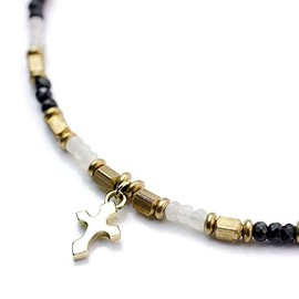 [シルバーワン] ma ムーンストーン ブラックスピネル ビーズ ネックレス ゴールド クロス メンズ 45cm (パワーストーン 黒 白 金)