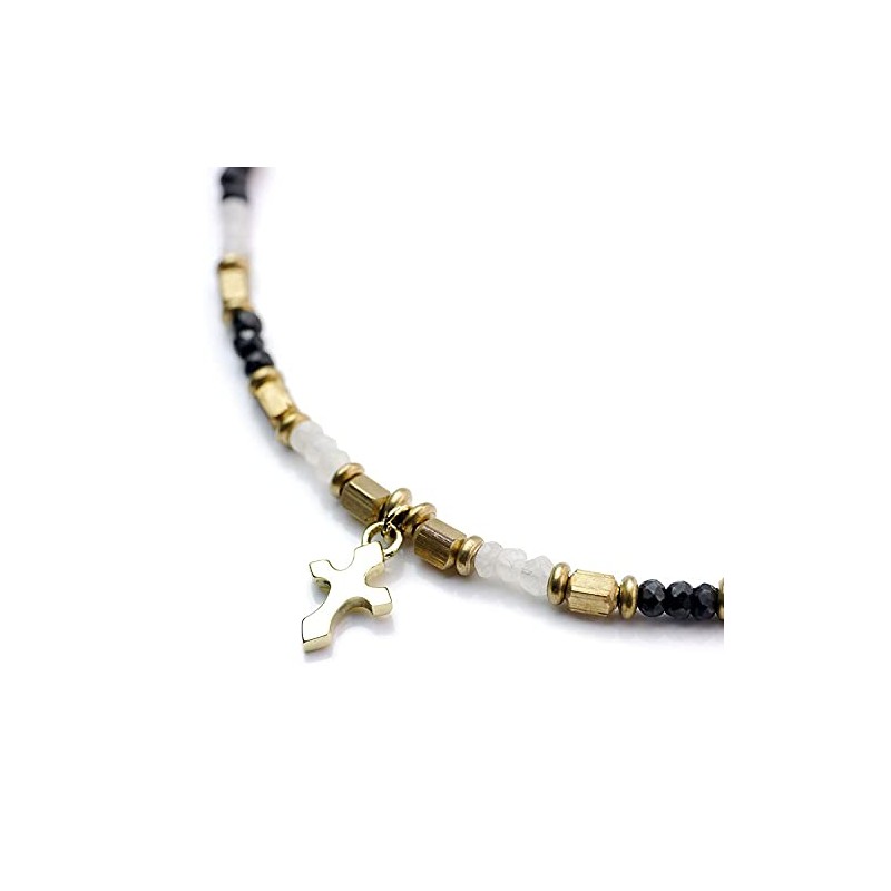 [シルバーワン] ma ムーンストーン ブラックスピネル ビーズ ネックレス ゴールド クロス メンズ 45cm