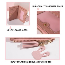 WisePoint Wallet for Women, PU Leather Wallet with Metal Press Stud, Mini Purse with Coin Pocket and Zip, Bifold Credit Card Holder Rabbit Pendant, pink, Minimalist