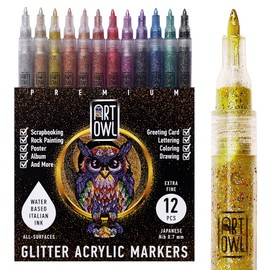 Art Owl Acrylic Glitter Paint Marker Pens, Ultra Fine Point 0.7mm - Sparkle Paint Pens for Rock Painting, Stone, Ceramic Glass, Wood, Card Stock, Canvas, DIY Crafts - Set of 12