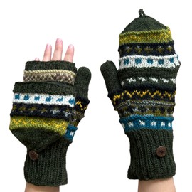 Ella Sussman Convertible Knit Mittens Wool Glittens Flip Cover Fleeced Lined (Green)