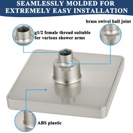 Eolax High Pressure Rainfall Showerhead, 6-Inch Square Fixed Showerhead with Swivel Ball Adjustable Angle Replacement Showerhead, Easy to Install, Brushed Nickel