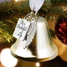 Silver Plated It's A Wonderful Life Christmas Bell Ornaments for Xmas Tree Wedding Anniversary Decoration Pendants with Angel Wings Charms (7X7CM)