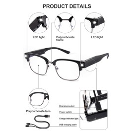 OKH Reading Glasses with Lights Rechargeable Bright Led Readers Magnifying Glasses with Light for Men Women (Black-2.0X)