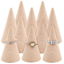 Framendino, 10 Pack Natural Wood Cone Ring Holder Finger Jewelry Display Stand Organizer for Jewelry Display DIY Craft (Tilted Shaped)