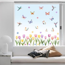 Peacoblue Window Static Clings Stickers Decal 11.8"x23.6", 3 Sheets with 48PCS Tulips and Hummingbird with Butterfly Decorative Removable Window Sticker Cling Home Office Decor for Glass Window Mirror