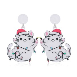MALOYANVE Christmas Animal Earrings for Women Cute Acrylic Dinosaur Cat Raccoon Yak Alpaca Koala Dangle Stud Earrings Joy Holiday Jewelry (White Cat)