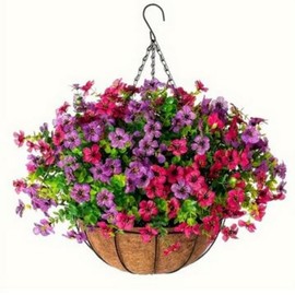 OUKEYI Artificial Hanging Plants Flowers Basket for Fall, Colorful Daisy Flowers Eucalyptus UV Resistant Look Real Coconut Lining Planter with Morning Patio Garden Porch Deck Spring Deco