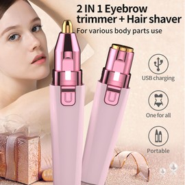 Facial Hair Remover for Women - Pink USB Rechargeable Eyebrow Trimmer & Face Shaver with LED Light, 2-in-1 Hair Removal Device for Smooth Skin