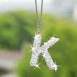 Car Rear View Mirror Letter Pendant, Crystal Rear View Mirror Charms Letter K Accessories,Cute Lucky Hanging Ornament Pendant Hanging Accessories for Women. (Silver)