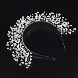 JWICOS Vintage Wedding Pearl Beads Tiara Hair Crown Handmade Bride Headband Bridal Pearl Head Pieces for Wedding Prom Birthday (Silver)