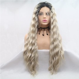 Xiweiya Long Platinum Blonde Curly Wig with Black Root Synthetic Lace Front Wigs Side Part Wig Long Soft Wavy Wig Hair Replacement Wig for Women, Drag Queen Makeup 24 inch