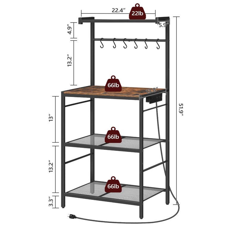 MAHANCRIS Bakers Rack with Power Outlet, Kitchen Storage Shelf with