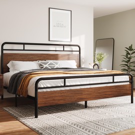 Allewie King Size Platform Bed Frame with Wooden Headboard and Footboard, Heavy Duty 13 Metal Slats Support, Under Bed Storage, No Box Spring Needed, Noise Free, Easy Assembly, Walnut