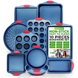 NutriChef 10-Piece Nonstick Bakeware Set - Deluxe Carbon Steel with Blue Silicone Coating, Red Handles, Professional Grade Kitchen Essentials, Ideal for Baking Cakes, Cookies, and More (Blue)