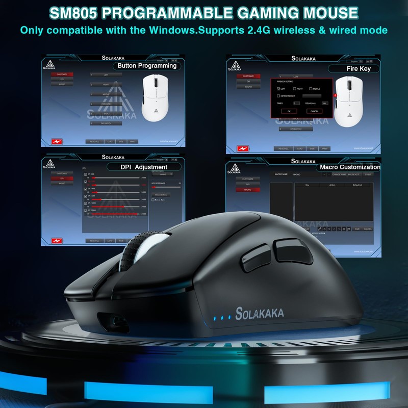 SOLAKAKA SM805 Lightweight Wireless Gaming Mouse,24000 DPI,Tri-Modes Connection,BT5.0/Type-C Wired/2.4G Wireless