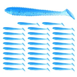 TIXIPEM 2.56" T-Tail Soft Fishing Lures [30-Pack] - Paddle Tail Swim Bait for Bass Trout in Saltwater & Freshwater - Rigged with 2 & 1/0 Hooks - Blue & Durable ABS Plastic