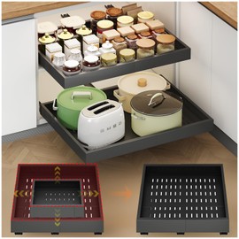 2Pc Pull out Cabinet Organizer,Width (14"-21"),Depth(17"-24") Expandable with 3 Rails,No Drill Roll out Drawers,Adhesive Sliding Drawers,Slide out Shelves for Cabinets Without Lip,Kitchen,Pantry,Black