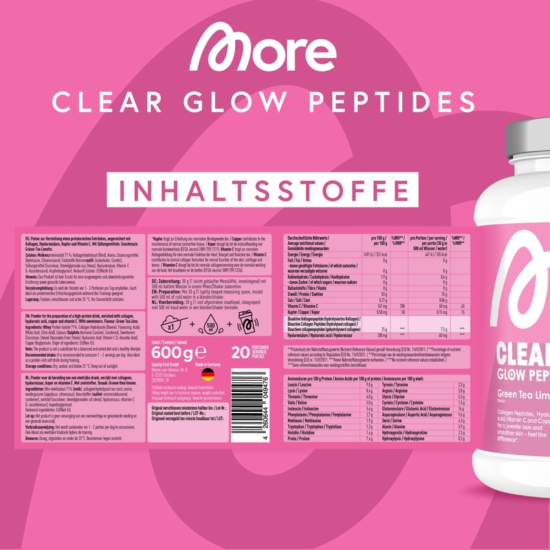 MORE NUTRITION More Clear Glow Peptides, Green Tea Lime, 600