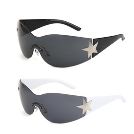 FIBOUND Pack of 2 Rimless Y2k Wrap Around Star Sunglasses, Rimless Wrap Around Sunglasses, Cool Star Fashion Sunglasses, Oversized Wrap Around Sunglasses, Sports Cycling Sunglasses