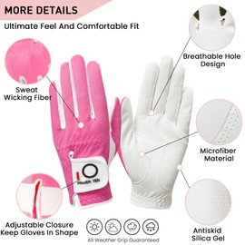 Golf Gloves Women Left Hand Right Handed Microfiber All Weather Grip Rain Hot Wet Value 3 Pack, Ladies Golf Gloves Soft Flexible Durable Wear Resistance Good Grip (Rose, Medium,Worn on Left Hand)