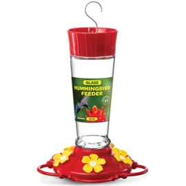 Hummingbird Feeder 10 oz Glass Hummingbird Feeders for Outdoors, with Built-in Ant Guard - Circular Perch with 5 Feeding Ports - Wide Mouth for Easy Filling/2 Part Base for Easy Cleaning