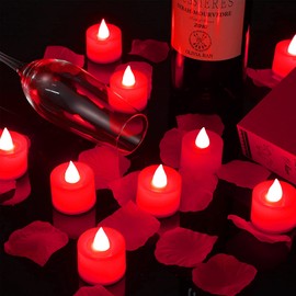 Honoson 600 Pieces Artificial Rose Petals with 12 Pieces LED Tea Lights Candle Romantic Candle for Romantic Night Valentine Anniversary Wedding Honeymoon(Red Light)