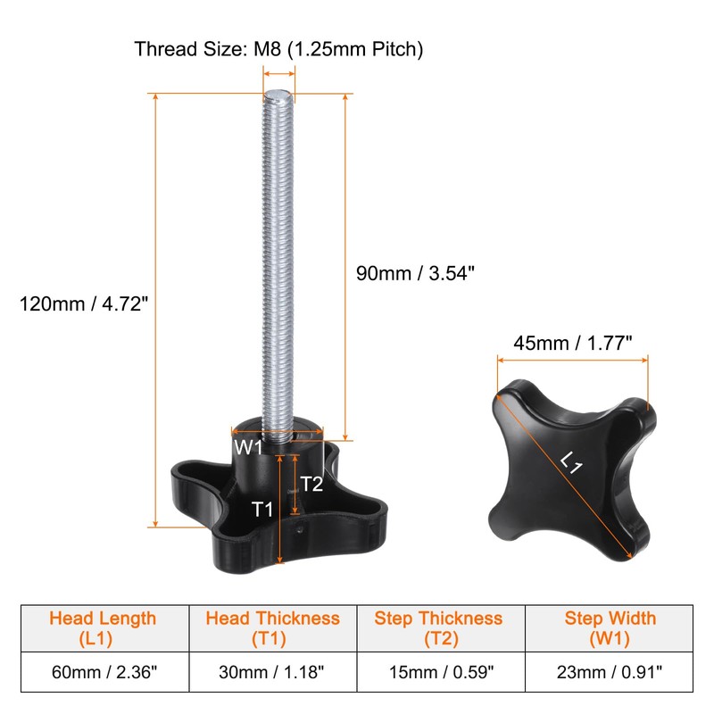 sourcing map 2pcs Star Knobs M8 x 90mm Male Thread