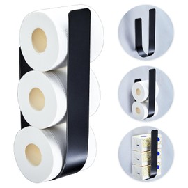 Wall Toilet Paper Storage for 3 Roll Tissue, Toilet Paper Holder Black, Metal Loo Roll Holder, Adhesive Tissue Paper Roll Storage Stand, Bathroom Toilet Tissue Holder Organizer