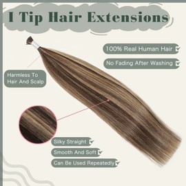 Sixstarhair I Tip Hair Extensions Chocolate Brown Highlighted Caramel Blonde Color 4/27 Cold Fusion Human Hair Extensions 50g/Pack Keratin Hair Extensions 18 Inch Itips Hair Extensions 50Strands