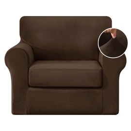Huierxun 3 Pieces Velvet Stretch Armchair Cover Luxury 1 Seater Couch Cover with Backrest Cover and Cushion Cover with Elastic Band Washable Furniture Protector for Pets, Kids (Dark Coffee, Small)