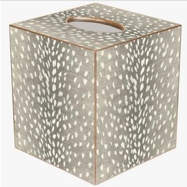 Marye-Kelley, Taupe Antelope-Print Paper Maché Cubed Tissue Box Cover, Gold Trim