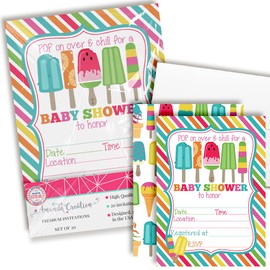 Amanda Creation Cool Popsicle Baby Shower Invites for Girls, 20 5x7 Double Sided Fill In Pop On Over Baby Shower Invitations with Twenty White Envelopes Popsicle Themed Baby Shower Cards It’s a girl