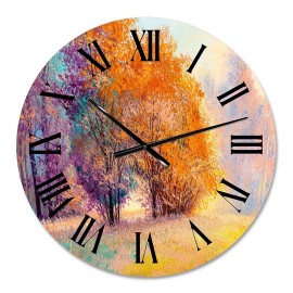 Designart 'Autumn Forest Orange Leaves Original Landscape' Lake House wall clock - 23 in. high, 23 In. Wide