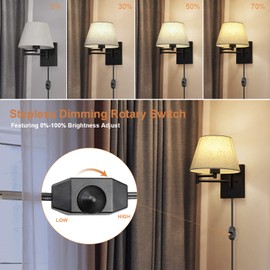 Lamp Cord with Knob Dimmer Switch, Black Wire Plug in, Stripped Ends Ready for Wiring Gladfresit, 6 Feet, UL Listed (2 Packs)