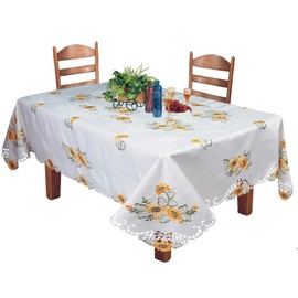 Creative Linens Sunflower Tablecloth Embroidered Cutwork Table Cloth 70x90 Rectangular with 8 Napkins White