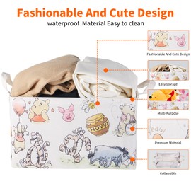 Winnie Storage Basket, Nursery Large Hamper Canvas Laundry Basket Foldable With Waterproof Pe Coating,For Kids Boys And Girls, Bathroom, Bedroom, Clothes,Toy Bin (Rice white)