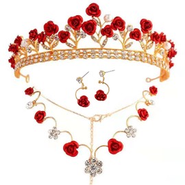 3Pcs Red and Gold Rose Jewelry Set - Bridal Tiara, Necklace, Earrings for Wedding/Pageant/Prom | Princess Rhinestone Crown Set with Floral Design | Gift-Ready Costume Jewelry