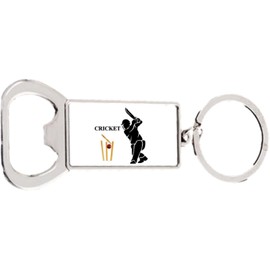 Cricket Stumps Bat Sport Rectangle Bottle Opener Metal Keyring and Velvet Gift Bag