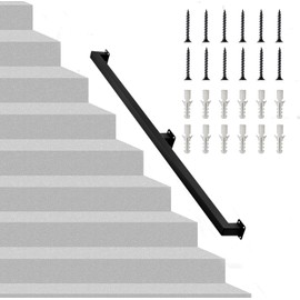 RECTOO 7FT Square Stair Railing Indoor, Black Wall Mount Handrail for Staircase, 440lbs Load Capacity Non-Slip Metal Handrail, Heavy-Duty Carbon Steel Grab Bar for Steps and Porch