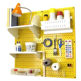 Wall Control Craft & Hobby Pegboard Organizer Storage Kit with Yellow Pegboard and White Accessories