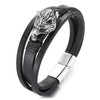COOLSTEELANDBEYOND Men Steel Vintage Wolf Head Three-Strand Black Braided Leather