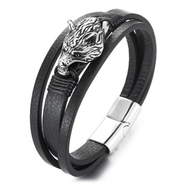 COOLSTEELANDBEYOND Men Steel Vintage Wolf Head Three-Strand Black Braided Leather Bangle Wristband Bracelet(CA)
