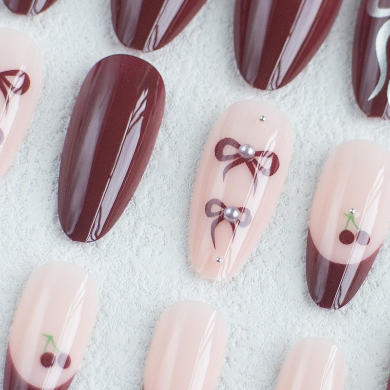 Almond Press on Nails Wine Red French Tip Fake Nails