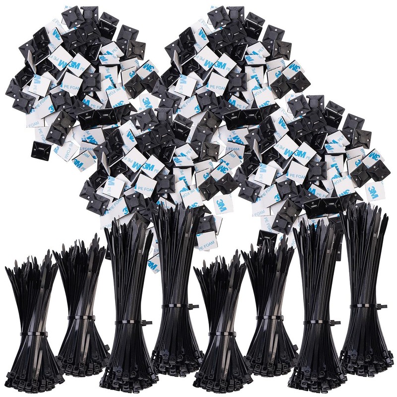 AGT Kabelbinder Klebesockel: 800er-Set UV-beständige Kabelbinder mit Sockel, schwarz (mit