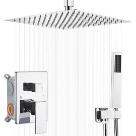 JingGang 12 Inch Ceiling Mount ‎Polished Chrome Shower System Bathroom Luxury Rain Mixer Shower Combo Set Ceiling Rainfall Shower Head System (Contain Shower Faucet Rough-in Valve Body and Trim)
